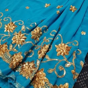 Turquoise Blue Gold Saree Sequin bridal wedding sari gold